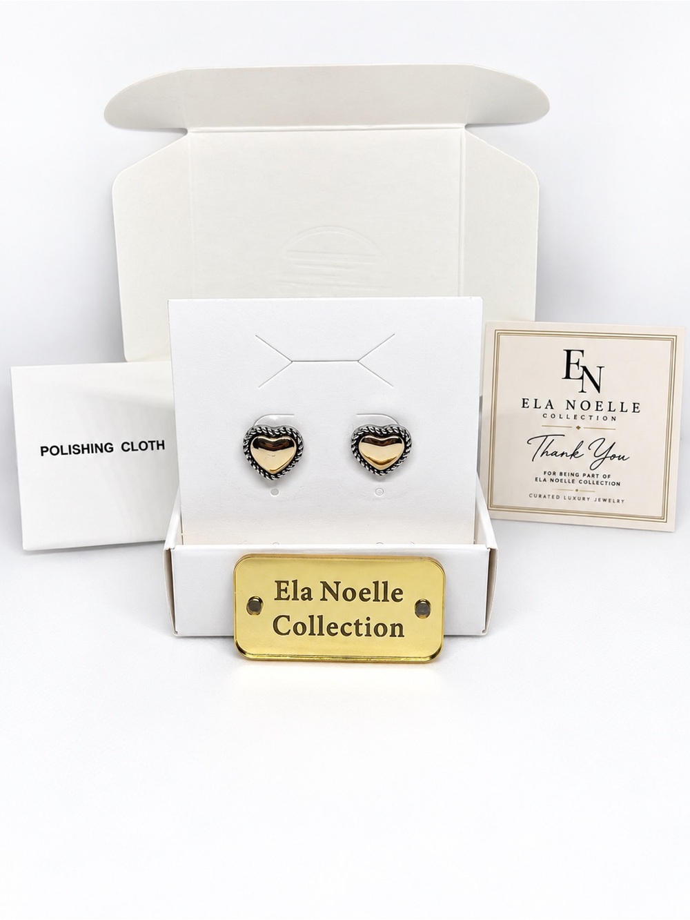 Ela Noelle Two-Tone Cable Heart Stud Earrings | Hypoallergenic